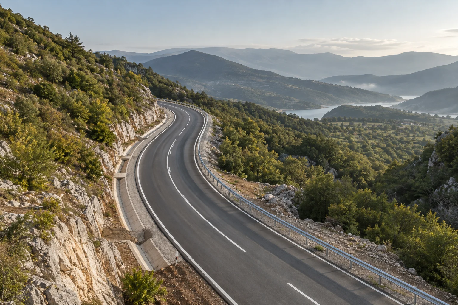 A winding asphalt road with drainage channels and guardrails through green hills