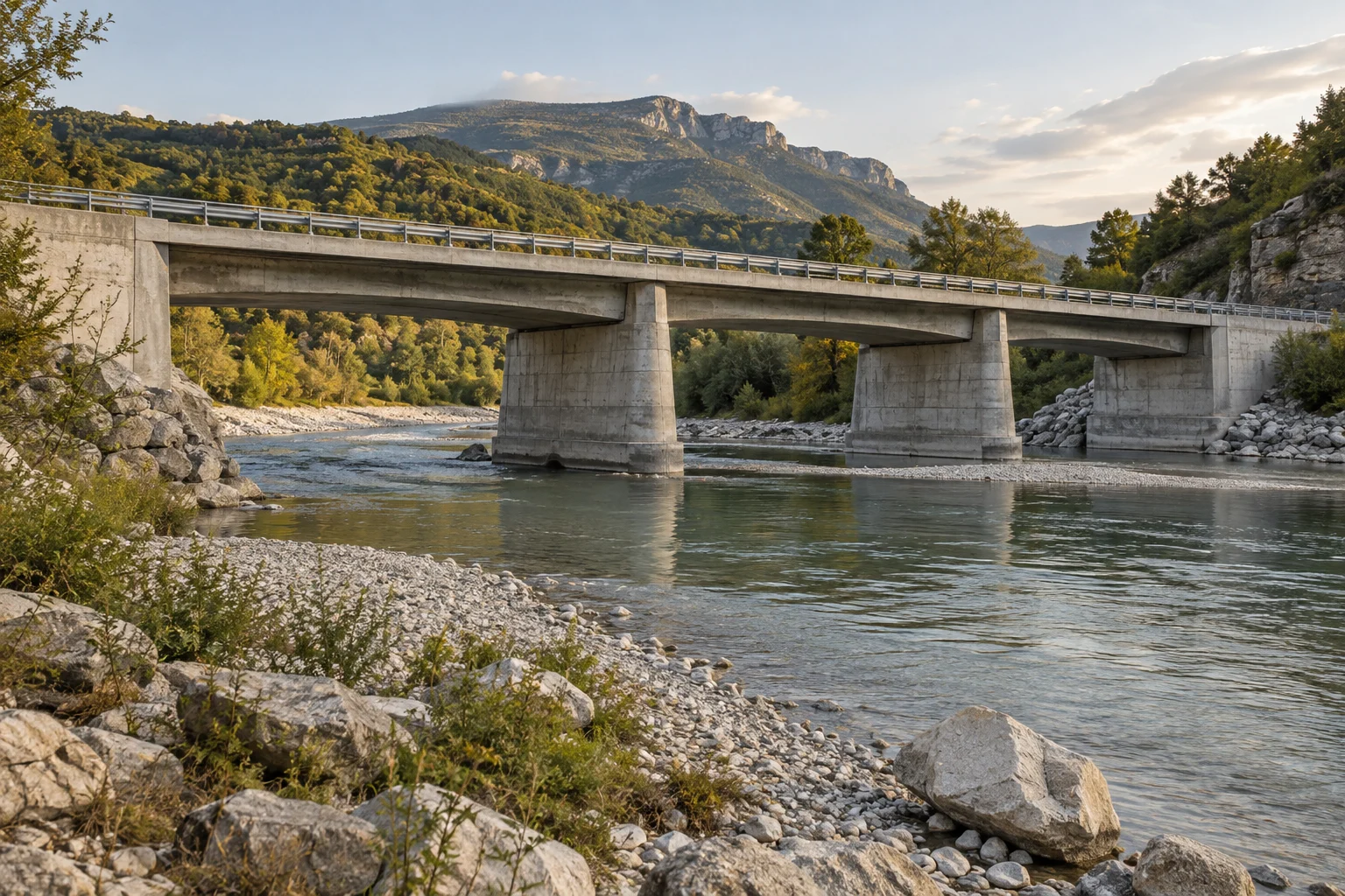 A reinforced concrete bridge spanning a shallow river between green banks